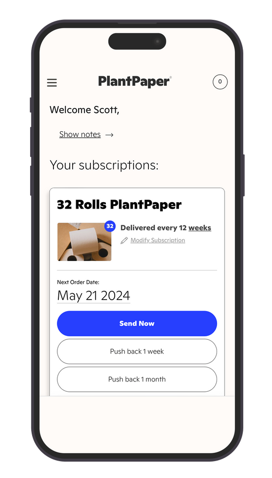 A mobile phone displaying a PlantPaper 32 rolls subscription in the customer portal