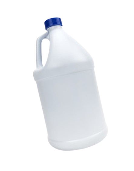 Angled three quarter view of white plastic bleach jug with handle and blue screw cap on transparent background